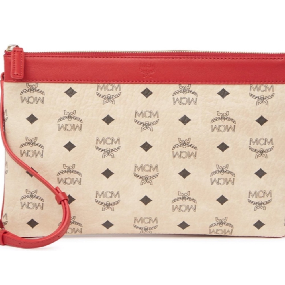 MCM Beige Monogram Crossbody with Red Leather Trim